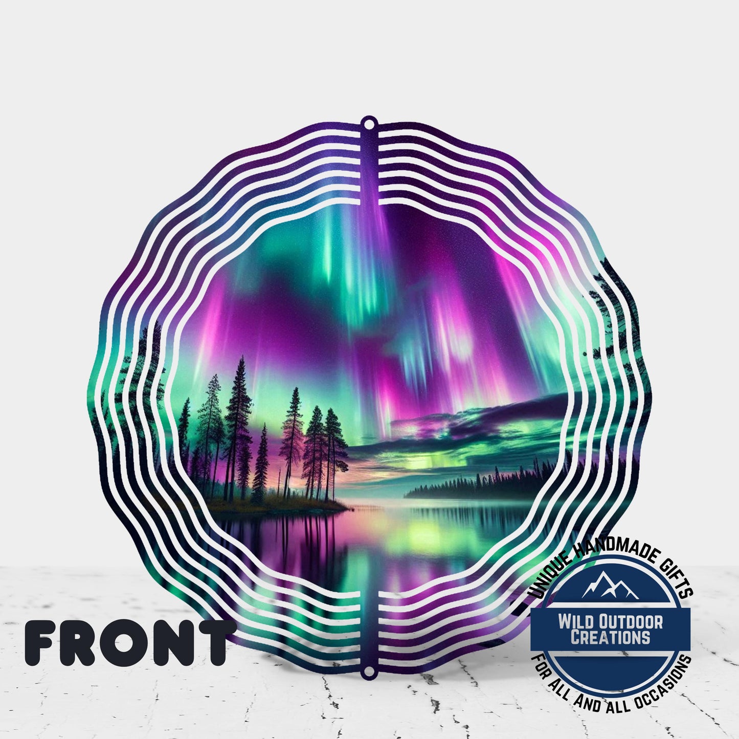 Northern Lights Wind Spinner - 10 Inch Double Sided Lake Scene Garden Decor