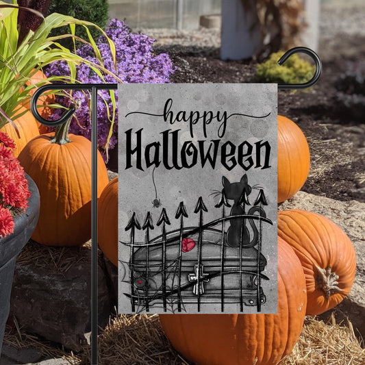 Double-Sided Halloween Garden Flag - Gothic Black Cat  Spider Web Design 12x18 Inch