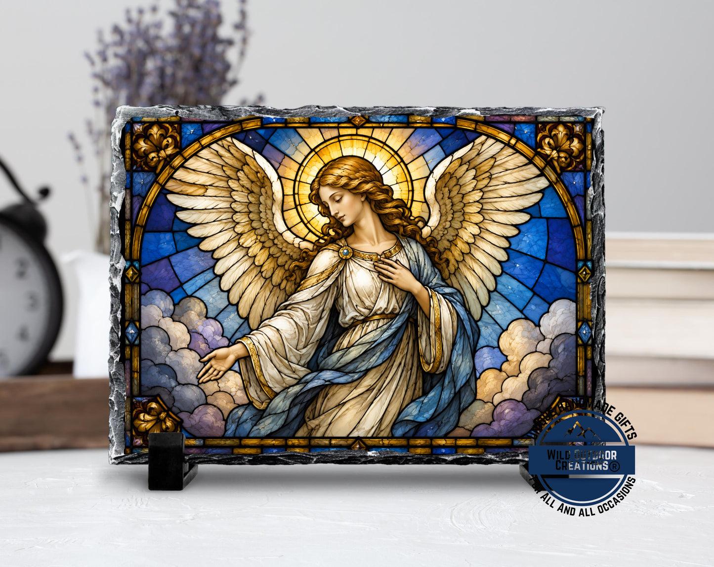 Guardian Angel Faux Stained Glass Slate Plaque, Religious Wall Decor, Christian Sympathy Gift