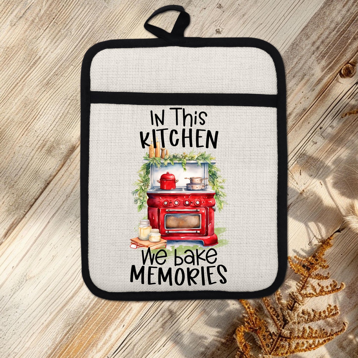 Red Farmhouse Oven Pot Holder - We Bake Memories Quote Rustic Linen Hot Pad for Christmas Kitchen Decor  Holiday Gifts