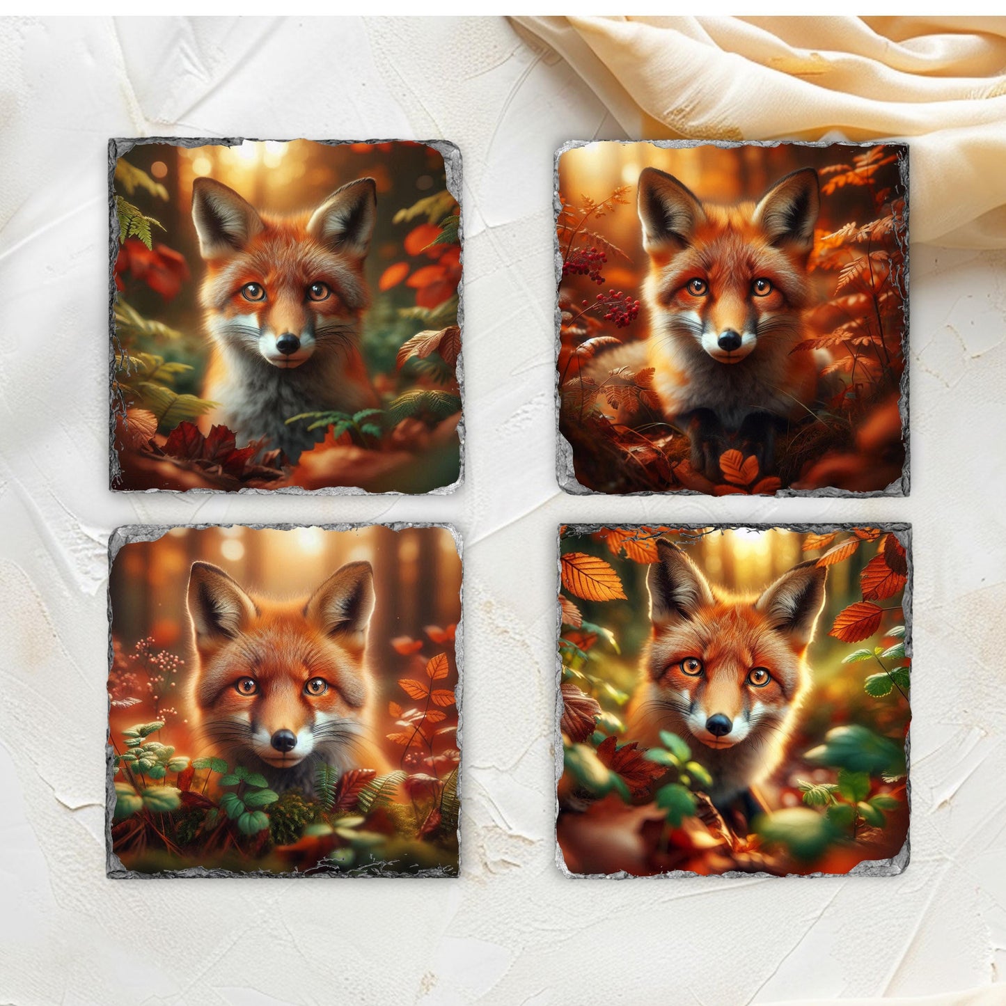 Fox Slate Coaster Set with Black Rack - 4 Rustic Fall Forest Design Coasters
