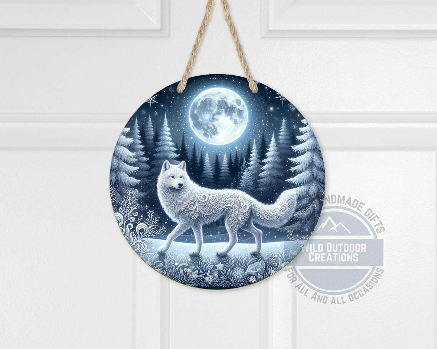 Wolf Door Sign - Rustic Outdoor Decor Full Moon Night with White Wolf Art