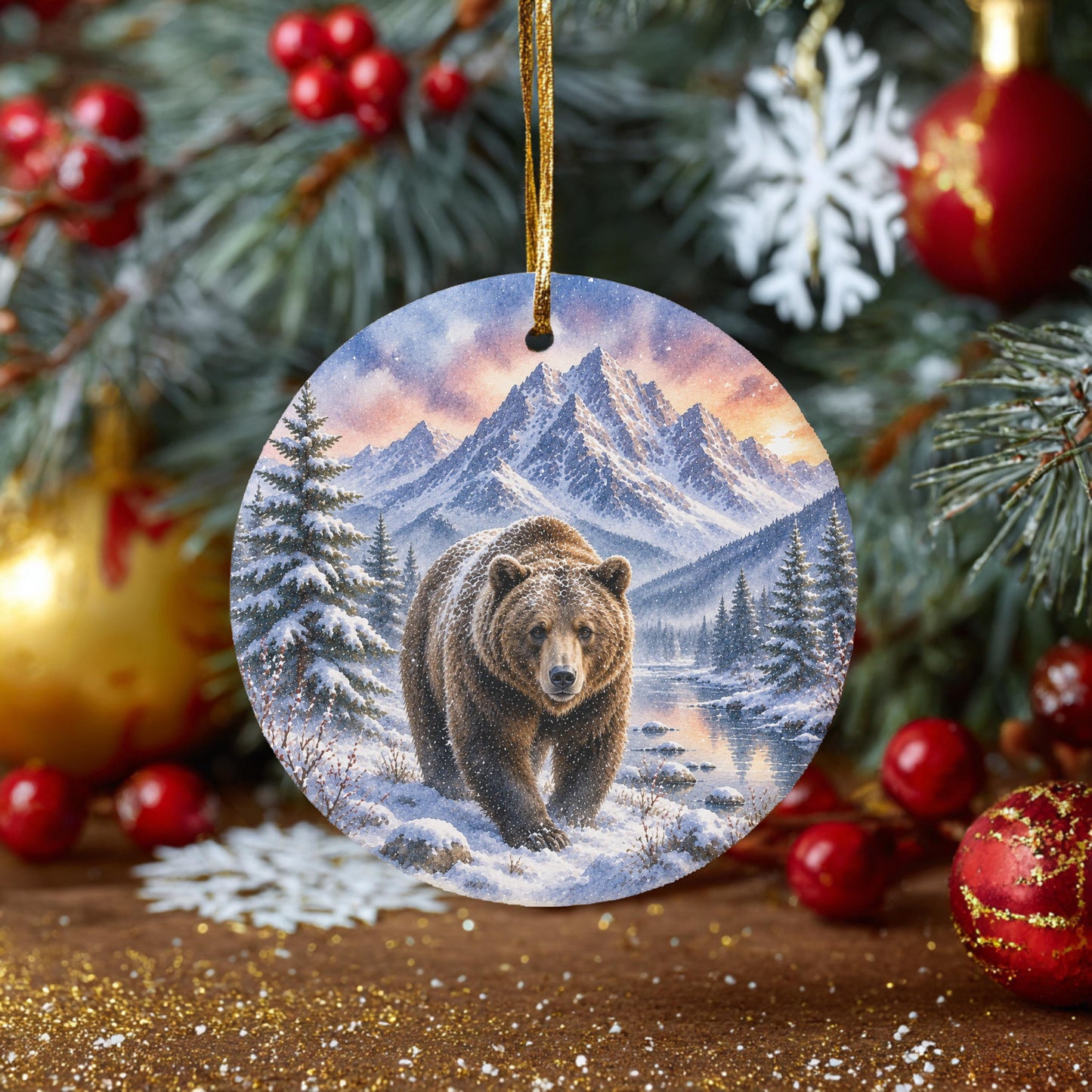 Grizzly Bear Ornament | Watercolor Mountains, Ceramic Keepsake