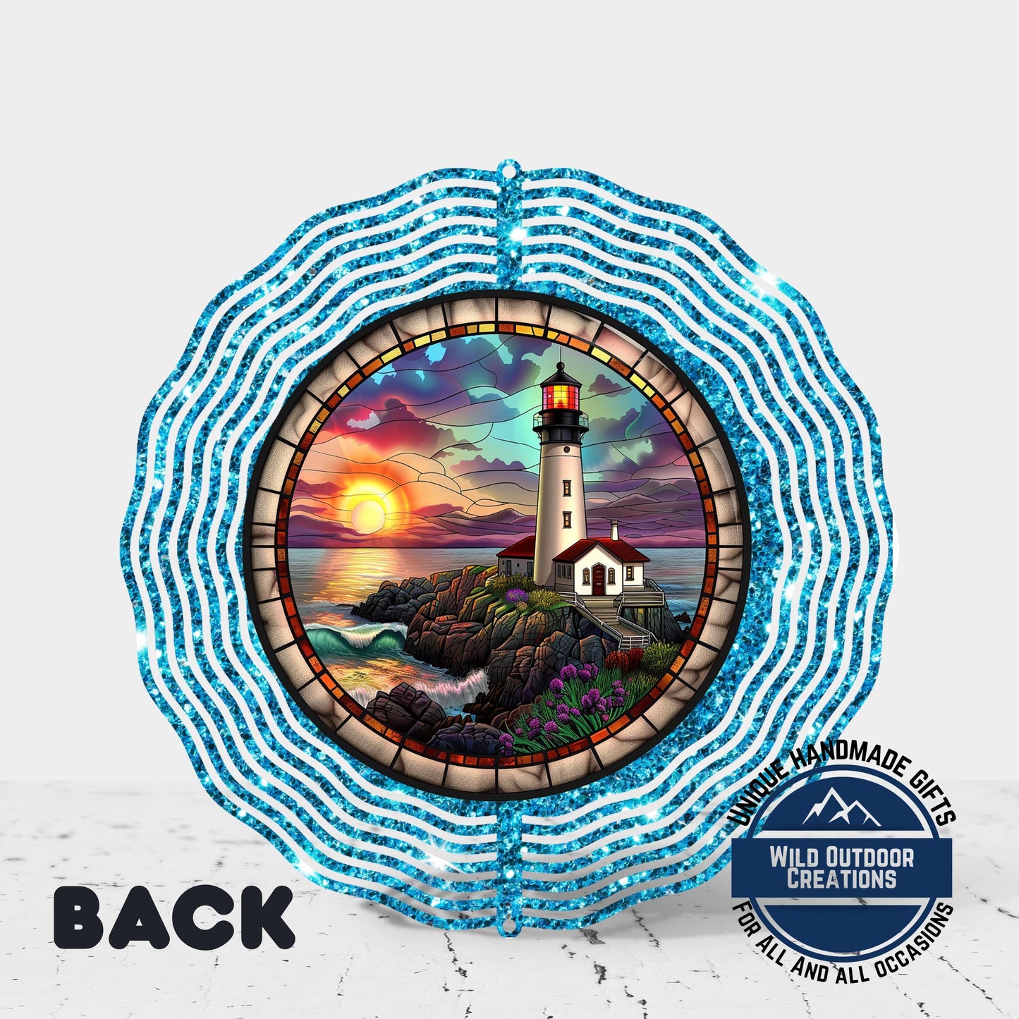 Lighthouse Wind Spinner - Double Sided Coastal Yard Art with 360 Swivel Hook - alternate view
