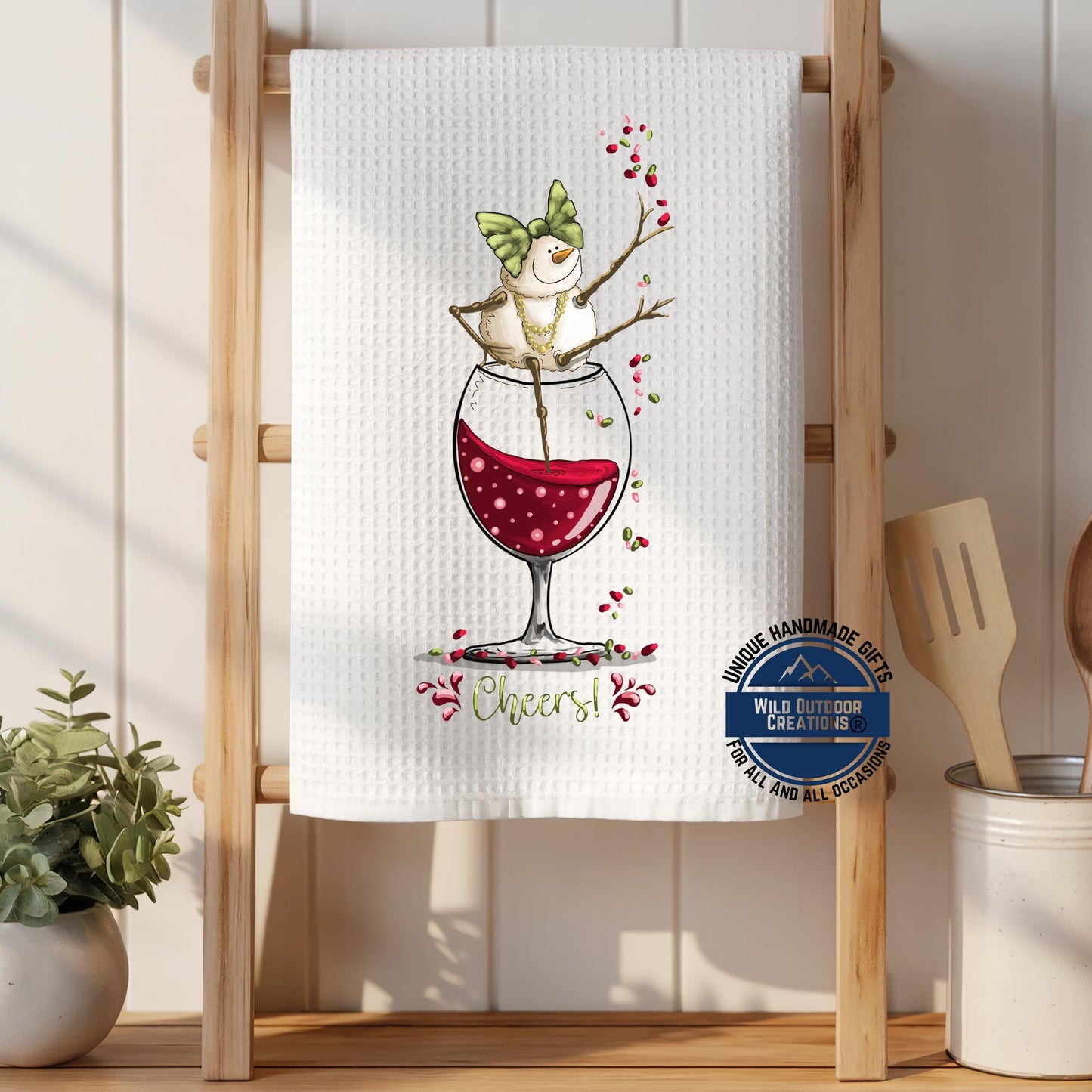 Snowman Wine Glass Kitchen Towel Cheers Funny Christmas Waffle Weave Holiday Decor Gift