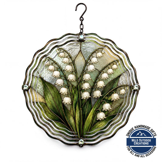 May Birth Flower Lily of the Valley Wind Spinner 10 Inch Faux Stained Glass Decor