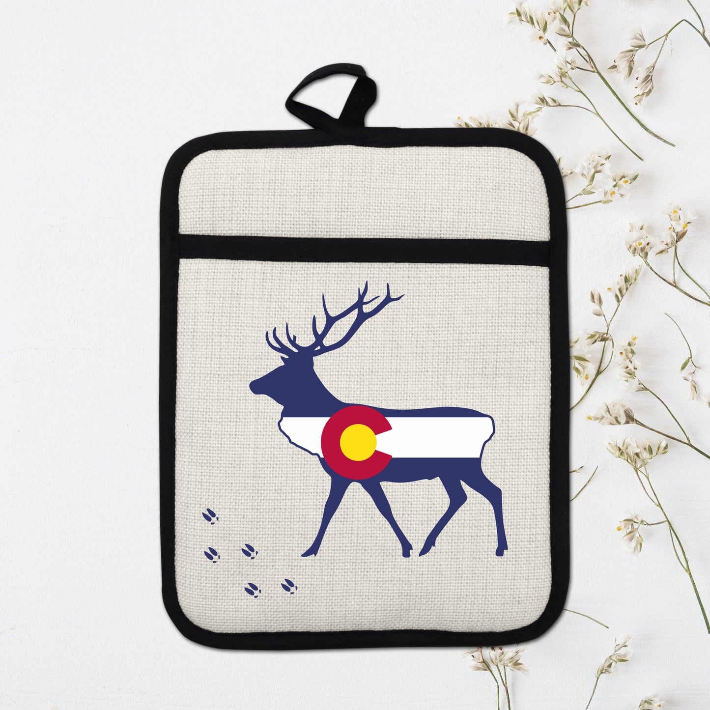 Elk Pot Holder - Colorado Linen With Silicone Back, Heat Resistant Trivet 9x7 Inches