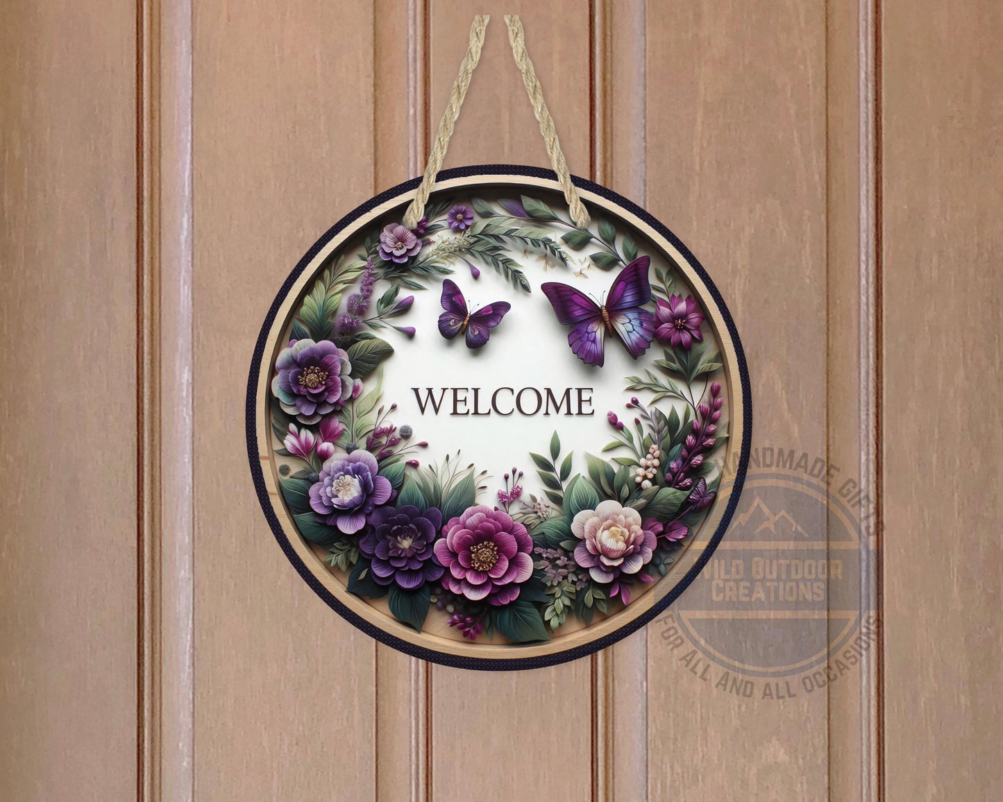 Welcome Door Hanger - Purple Floral Butterfly Porch Sign | Weather Resistant Aluminum
