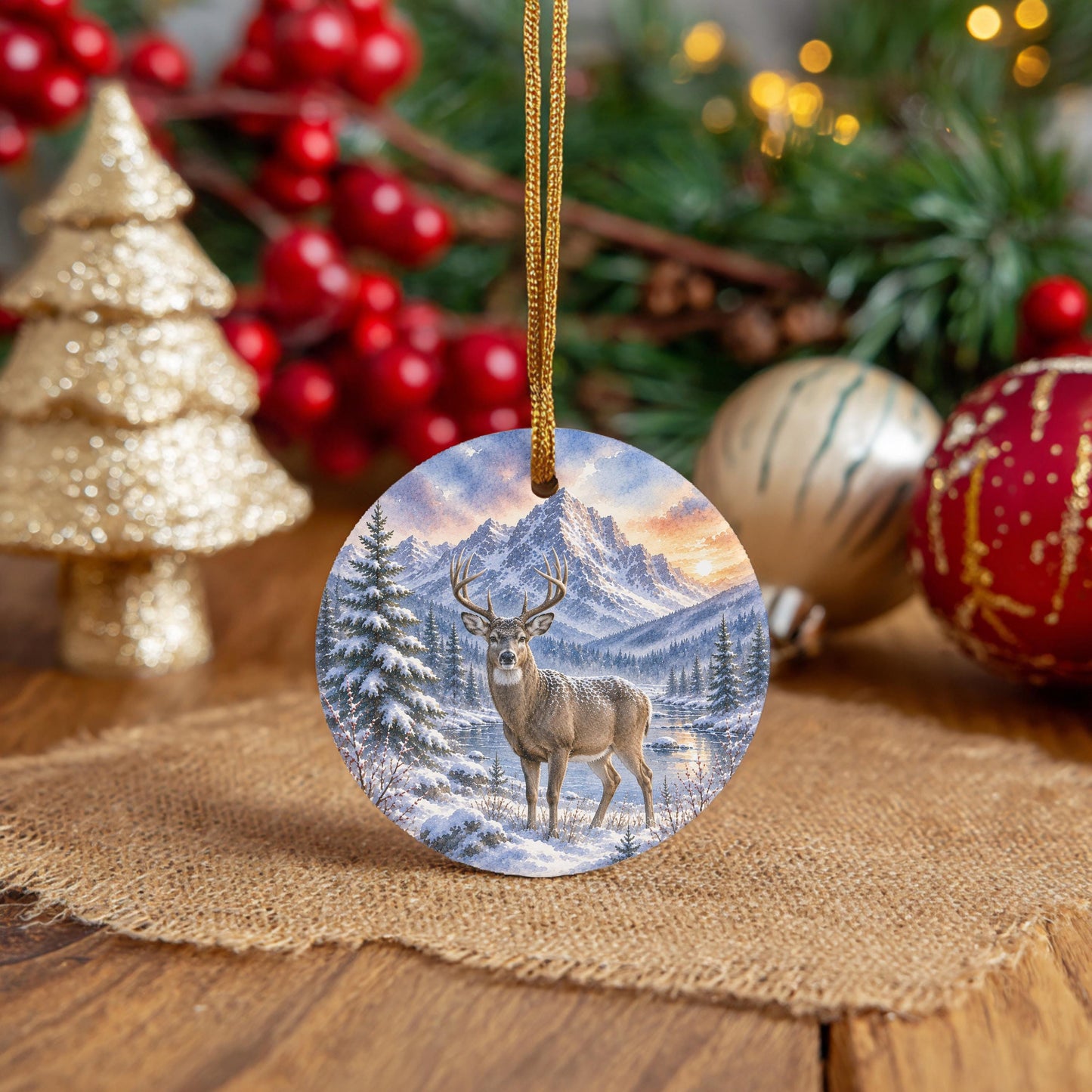 Whitetail Deer Ornament, Watercolor Mountain River Scene, Ceramic, 3 Inch