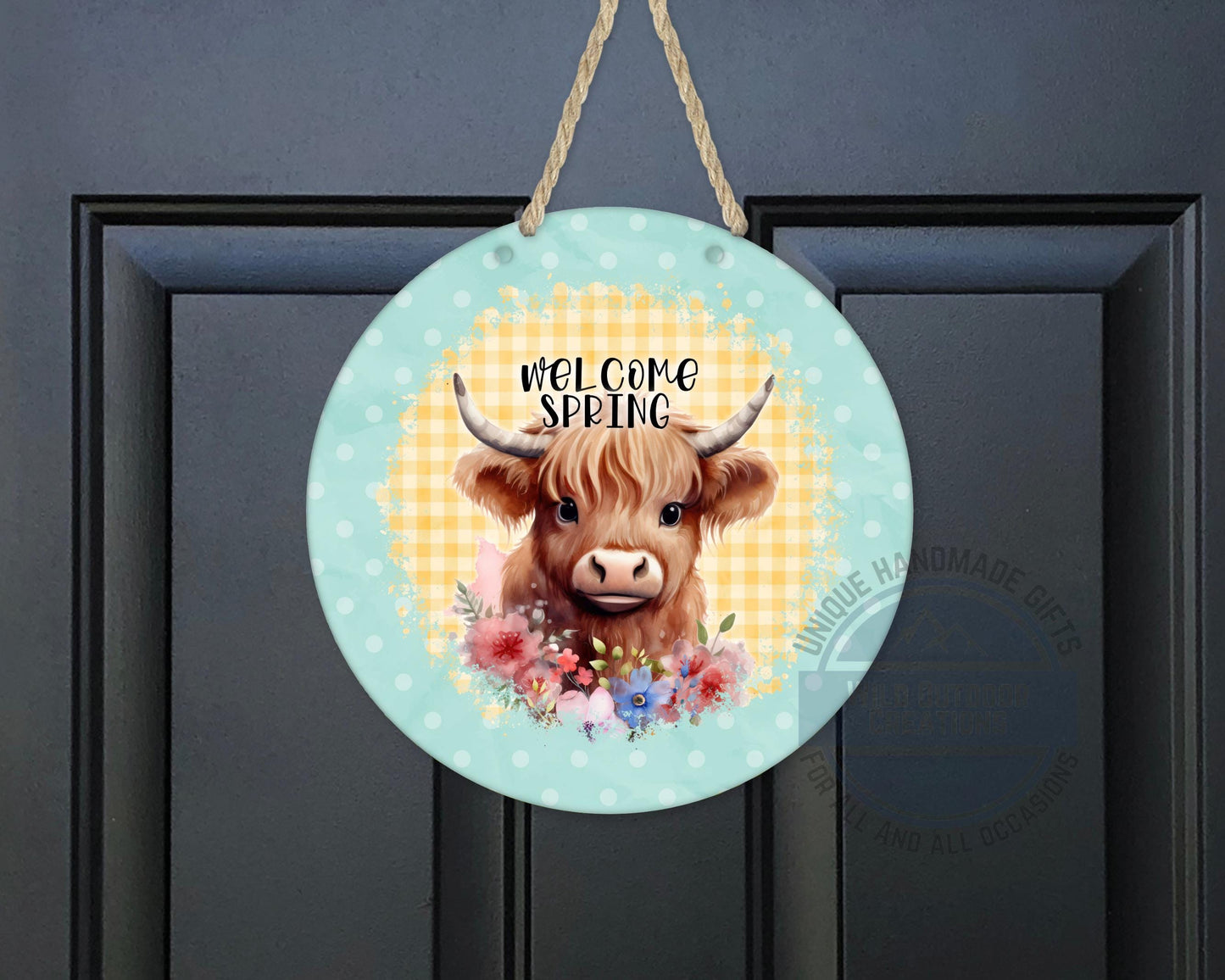 Welcome Spring Sign - Highland Cow Decor | Round Aluminum Front Porch Sign