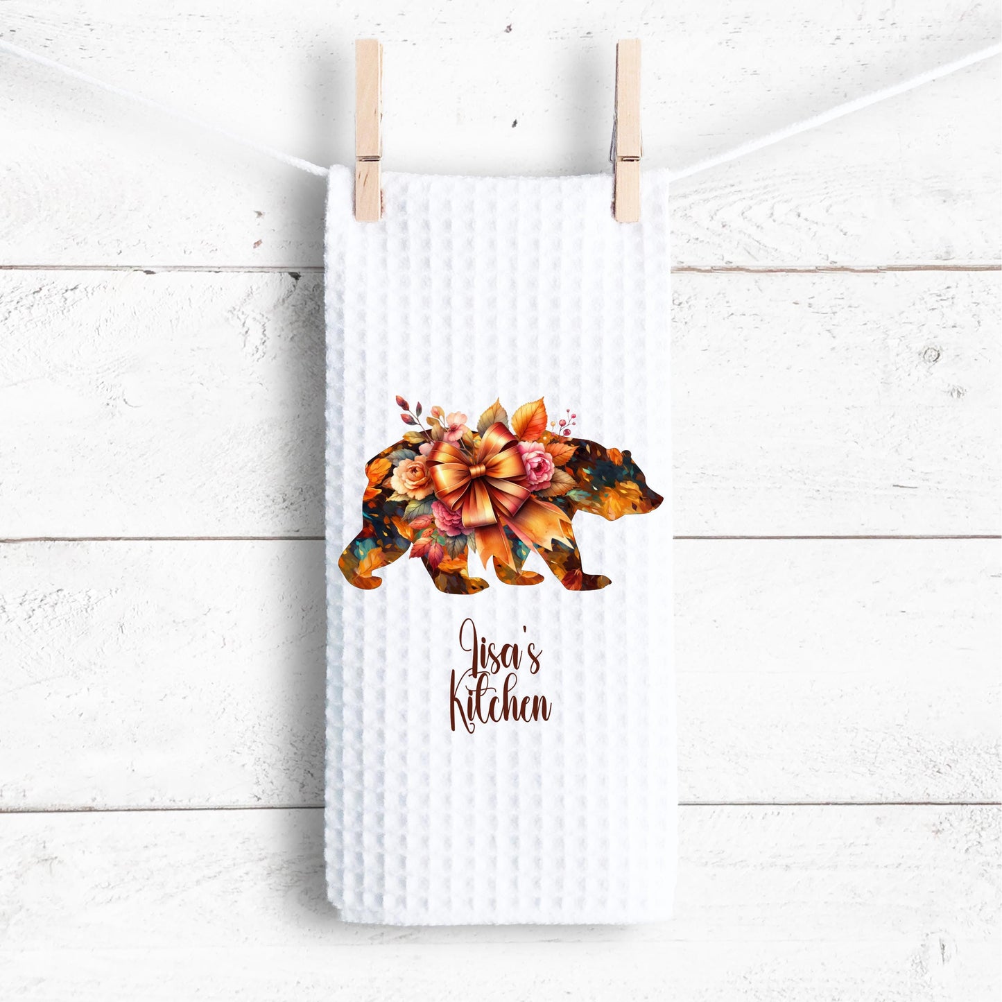 Personalized Autumn Bear Kitchen Towel - Waffle Weave Fall Decor