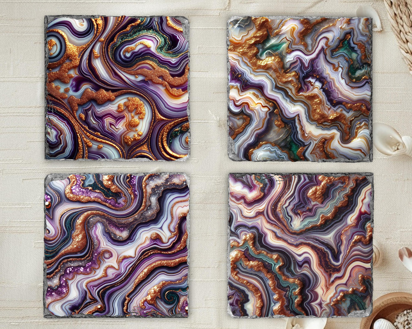 Mardi Gras Coaster Set of 4 - Purple Gold Glitter  Green Agate  Perfect Boho Housewarming Gift
