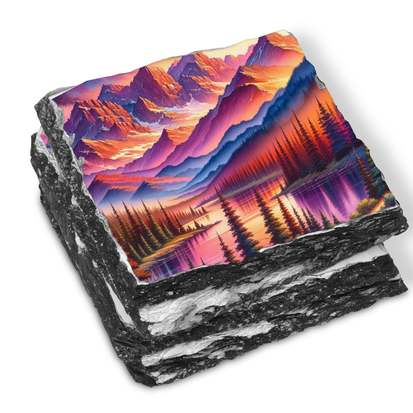 Slate Coaster Set with Vibrant Sunset Mountain Lake Images  Fractured Edges Perfect Gift for Nature Lovers