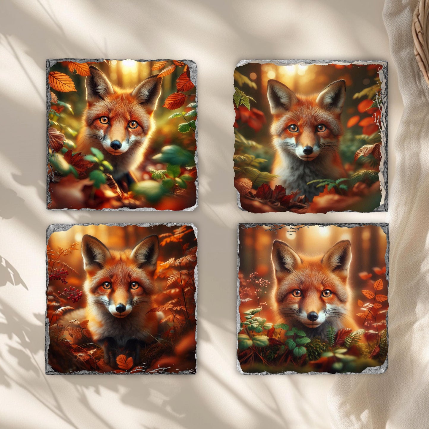 Fox Slate Coaster Set with Black Rack - 4 Rustic Fall Forest Design Coasters