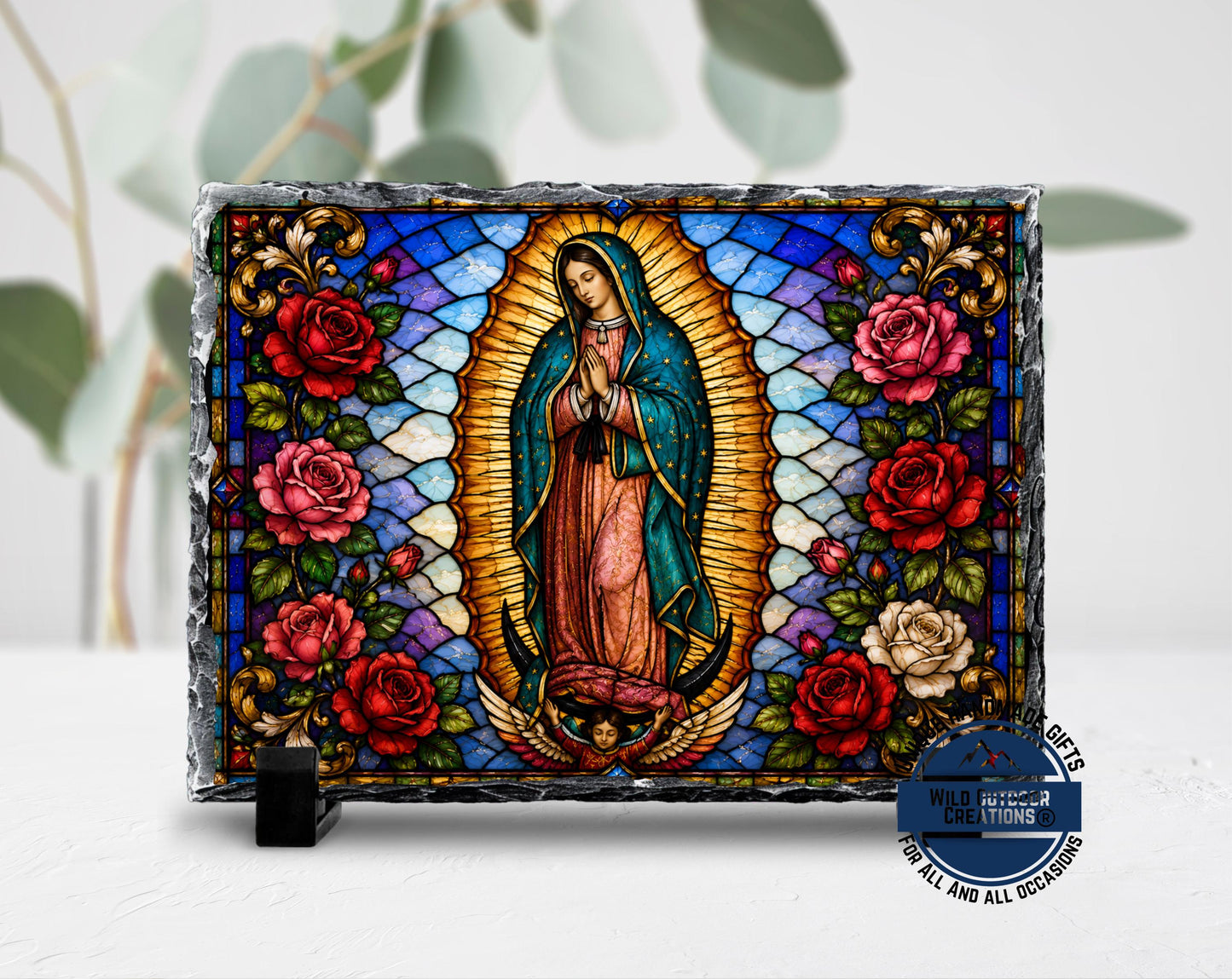 Our Lady of Guadalupe Faux Stained Glass Slate Plaque, Virgen Maria Catholic Gift