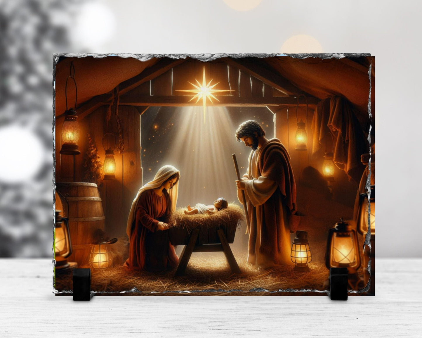 Religious Slate Wall Art - Mary  Jesus Nativity Scene with Fractured Edges - Unique Christmas Home Decor Gift