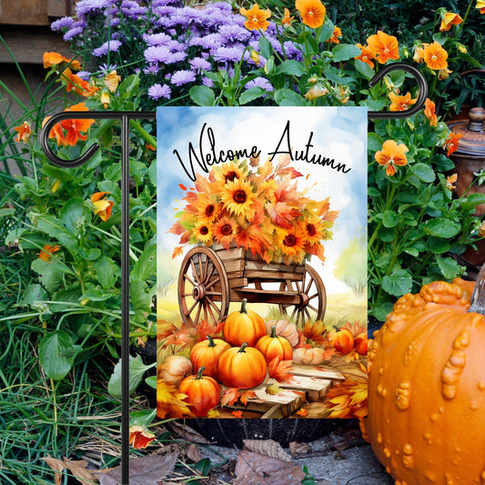 Autumn Garden Flag with Pumpkins and Blue Sky - 12x18 Inch Seasonal Decor