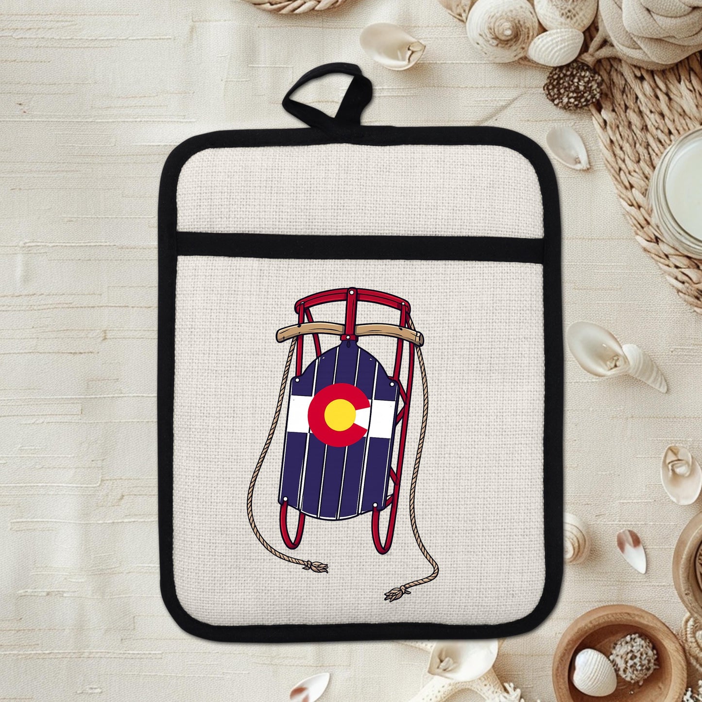 Colorado Sled Pot Holder - Linen Pot Holder with Silicone Back Trivet, Heat Resistant Oven Mitt