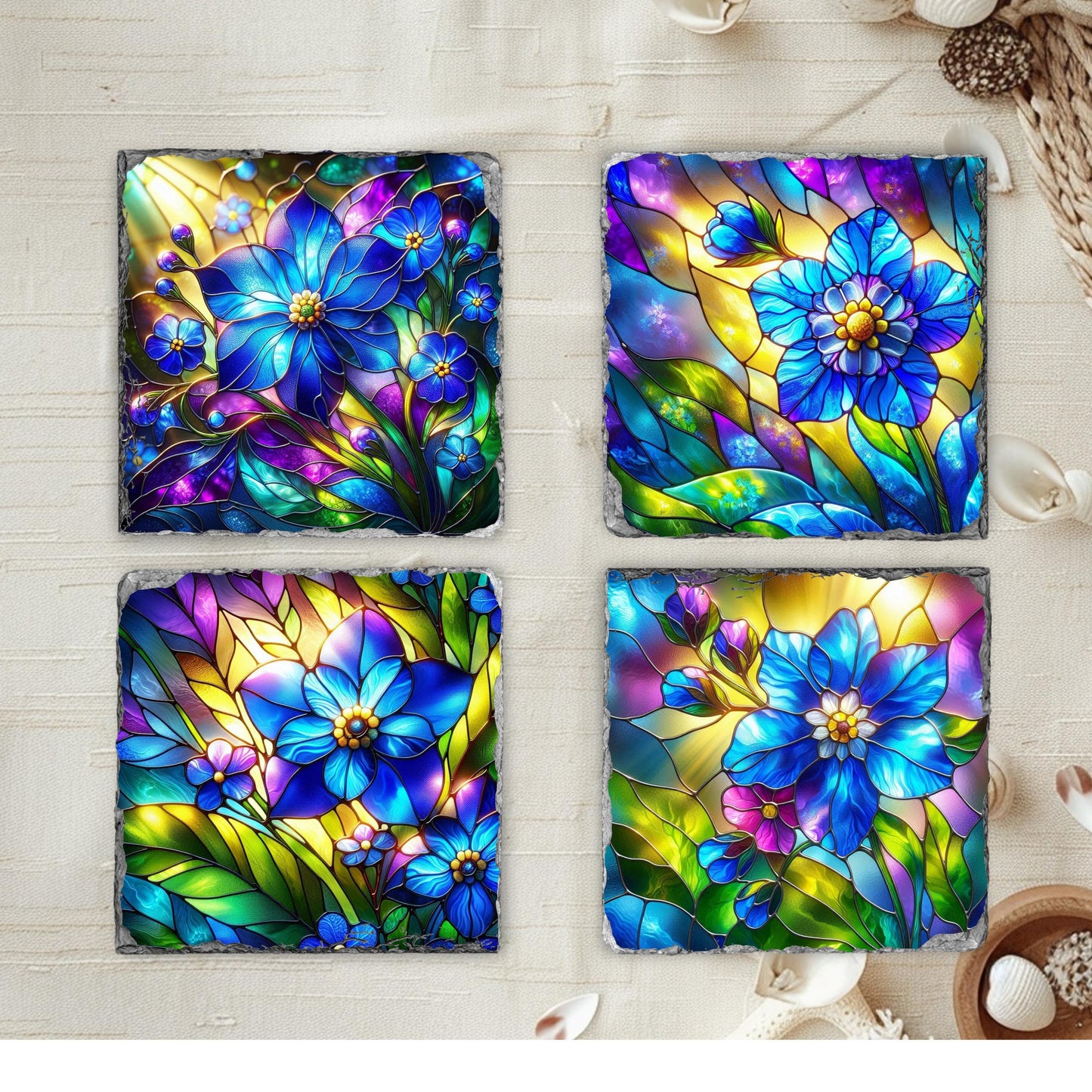 Slate Coaster Set with Faux Stained Glass Forget Me Not Flowers  Black Rack  Handcrafted Alaska State Gift