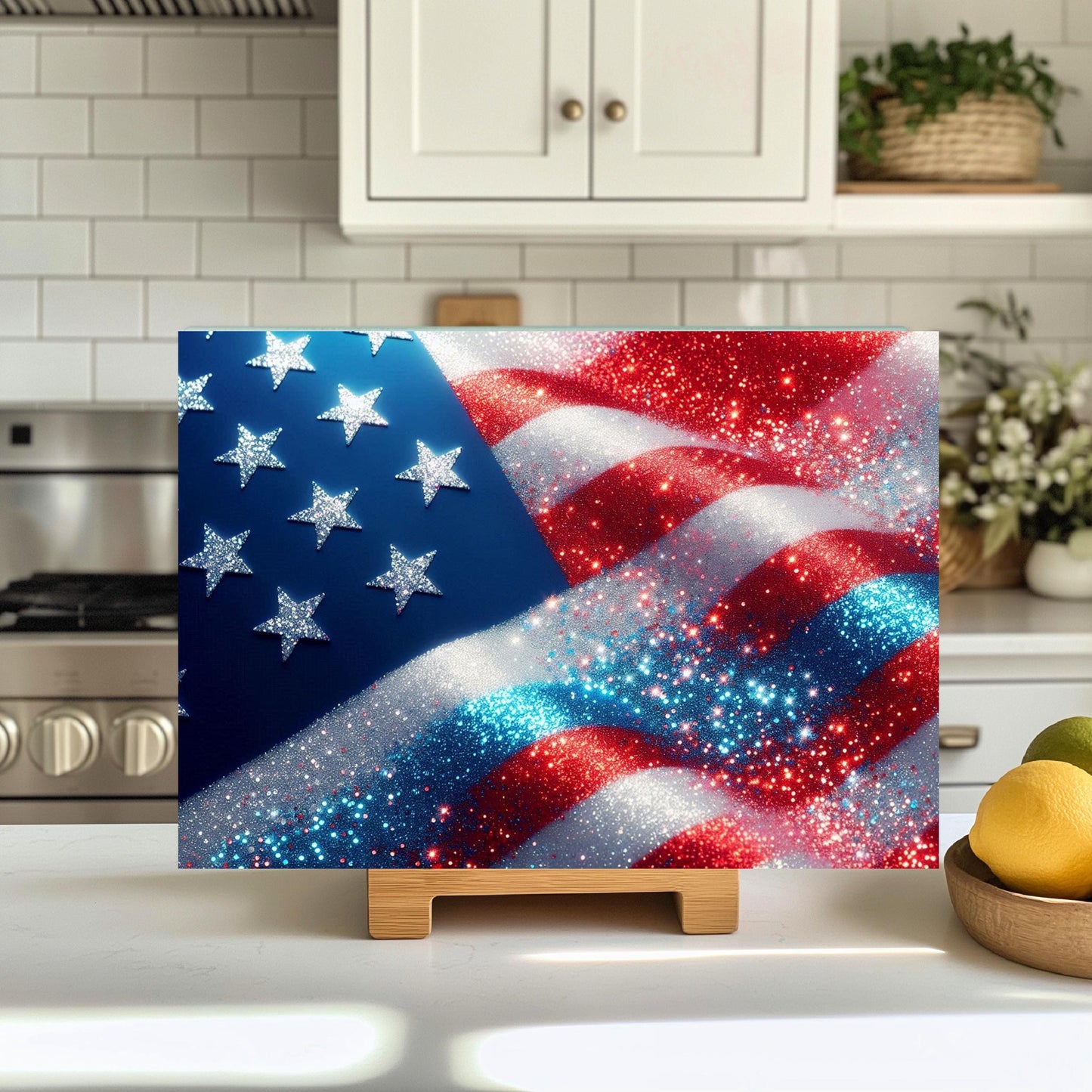Patriotic Faux Glitter Cutting Board, Large Kitchen Glass Board, Hostess Housewarming Gift, Functional Art, Countertop Decor, Culinary Decor