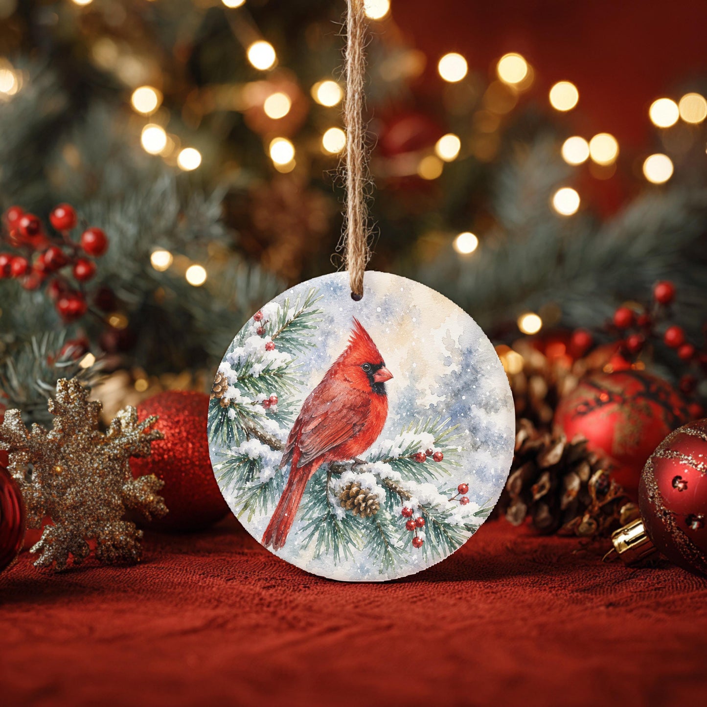 A round ornament featuring a red cardinal perched on a snowy branch, surrounded by Christmas decorations such as ornaments, pine cones, and a star.