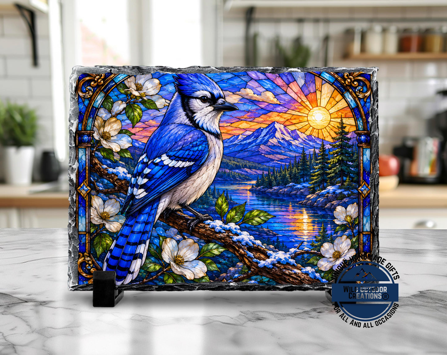 Blue Jay Faux Stained Glass Slate Plaque, Mountain Lake Sunset Bird Decor, Birder Gift