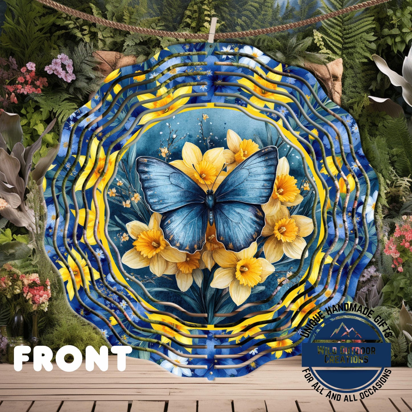 Daffodil Wind Spinner – Blue Butterfly Garden Decor, 10-Inch Aluminum Outdoor