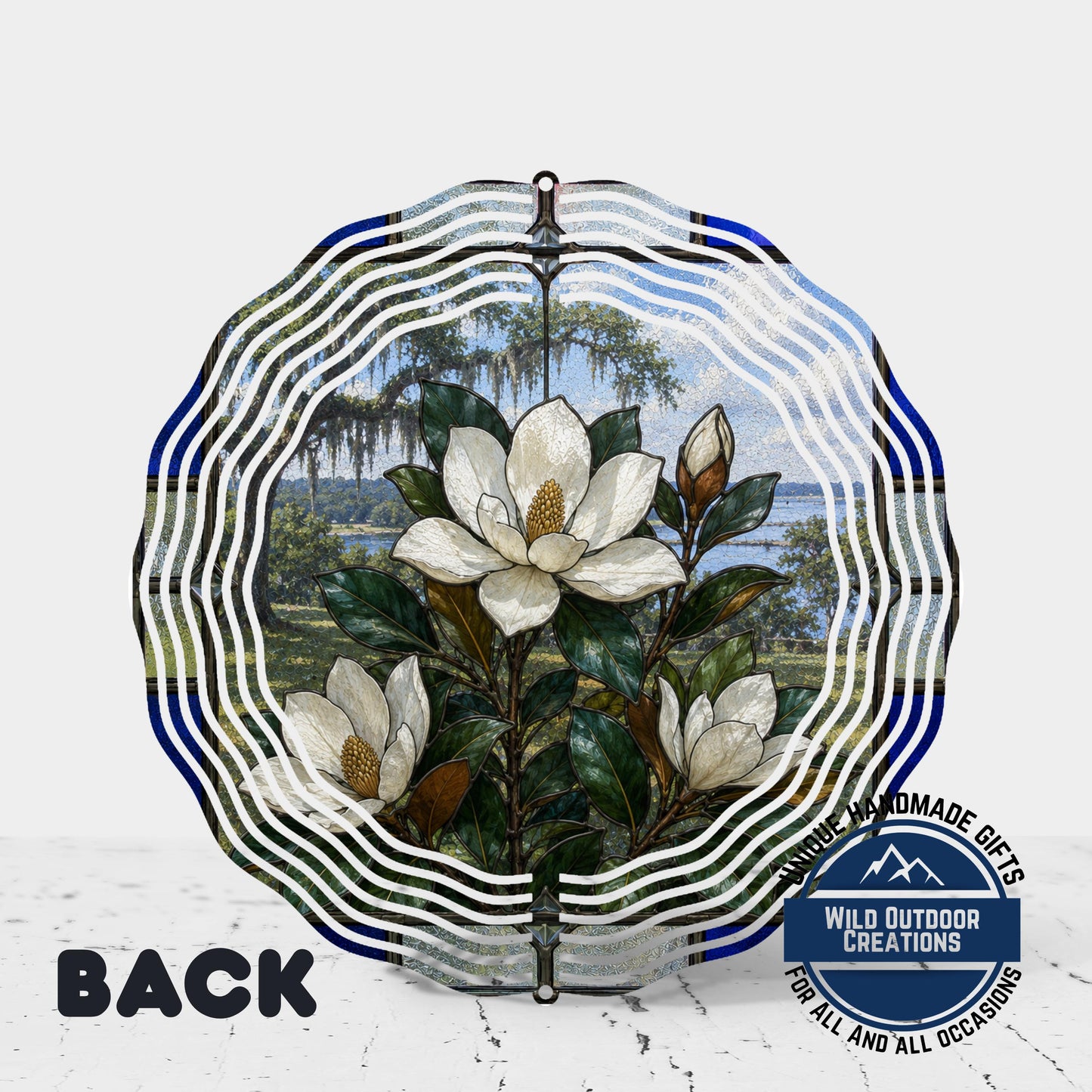 Magnolia Wind Spinner Louisiana State Flower Stained Glass Style Garden Aluminum Outdoor Decor