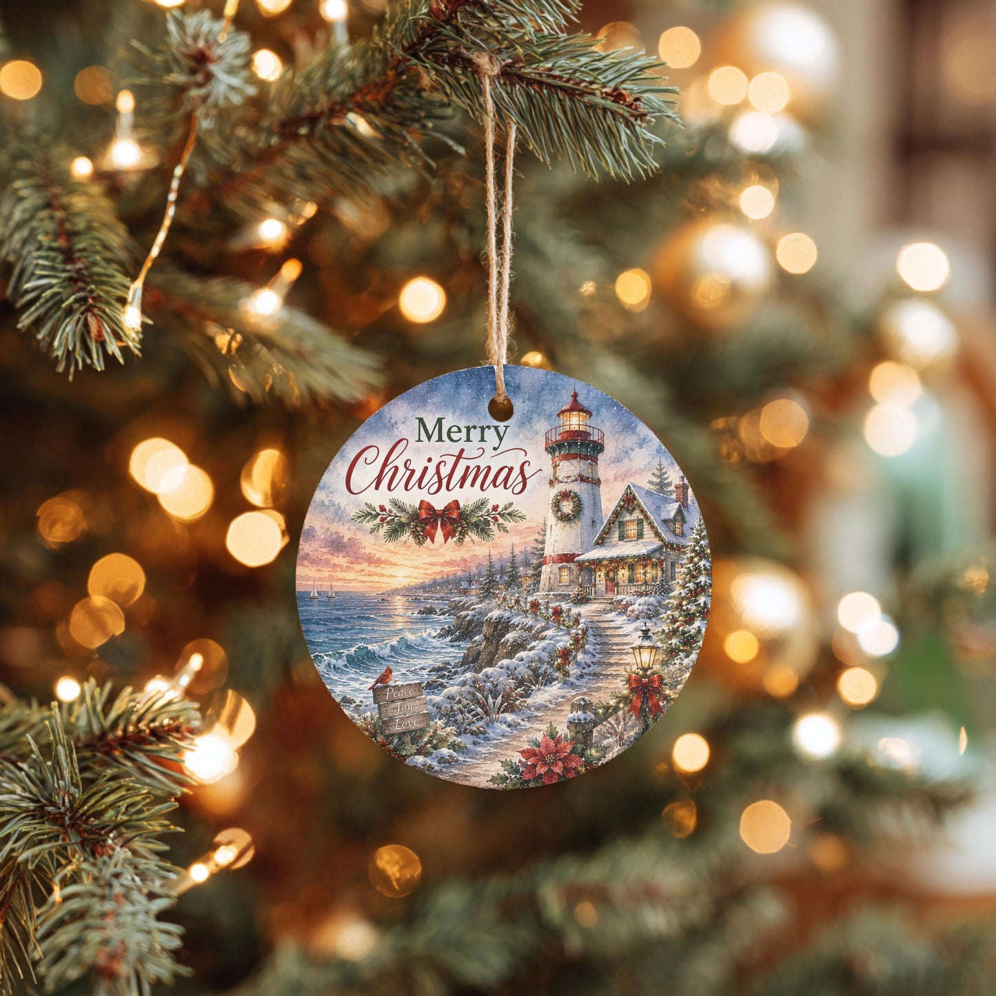 Lighthouse Christmas Ornament, Snowy Coastal Scene | Ceramic 3 Inch
