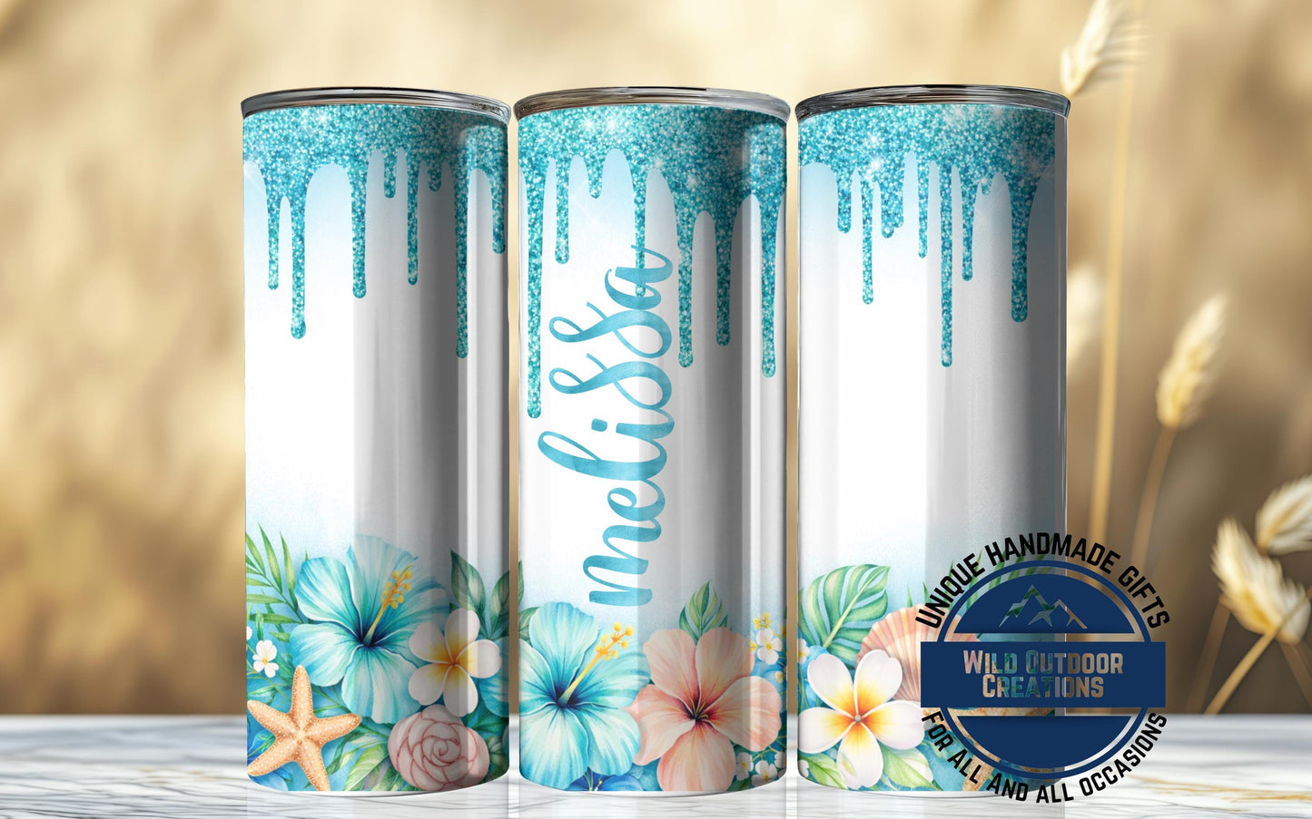 Personalized Tropical Tumbler - Double Wall Tumbler With Floral Beach Design & Glow Green