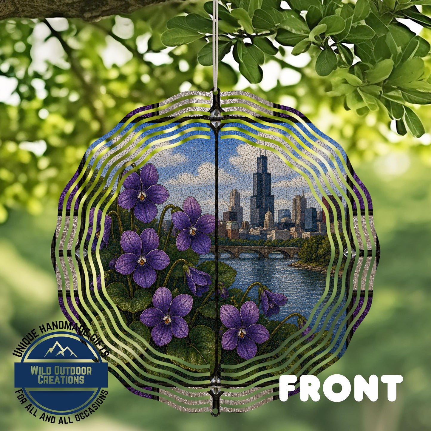Violet Wind Spinner - Illinois State Flower Aluminum Garden Spinner with Chicago Skyline