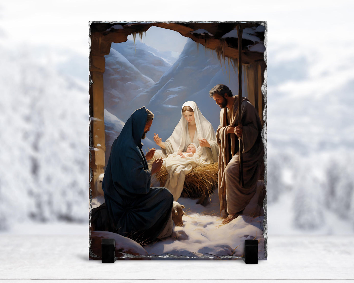 Rustic Nativity Scene Slate Art - Christmas Decor with Mary Joseph and Shepherd in Snowy Mountain Background