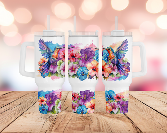 Vibrant Hummingbird and Tropical Flower Print on 40oz Stainless Steel Tumbler