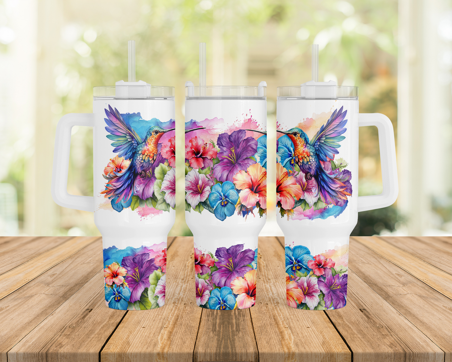 Vibrant Hummingbird and Tropical Flower Print on 40oz Stainless Steel Tumbler
