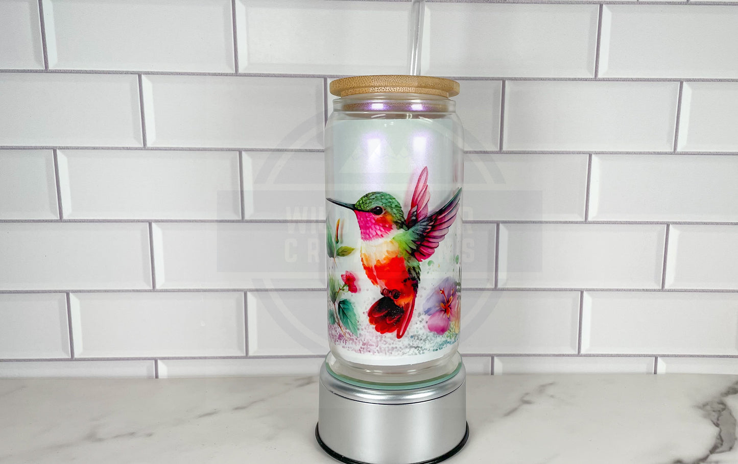 Spring Hummingbird 16oz Glass Cup, Iced Coffee Cup with Straw and Lid