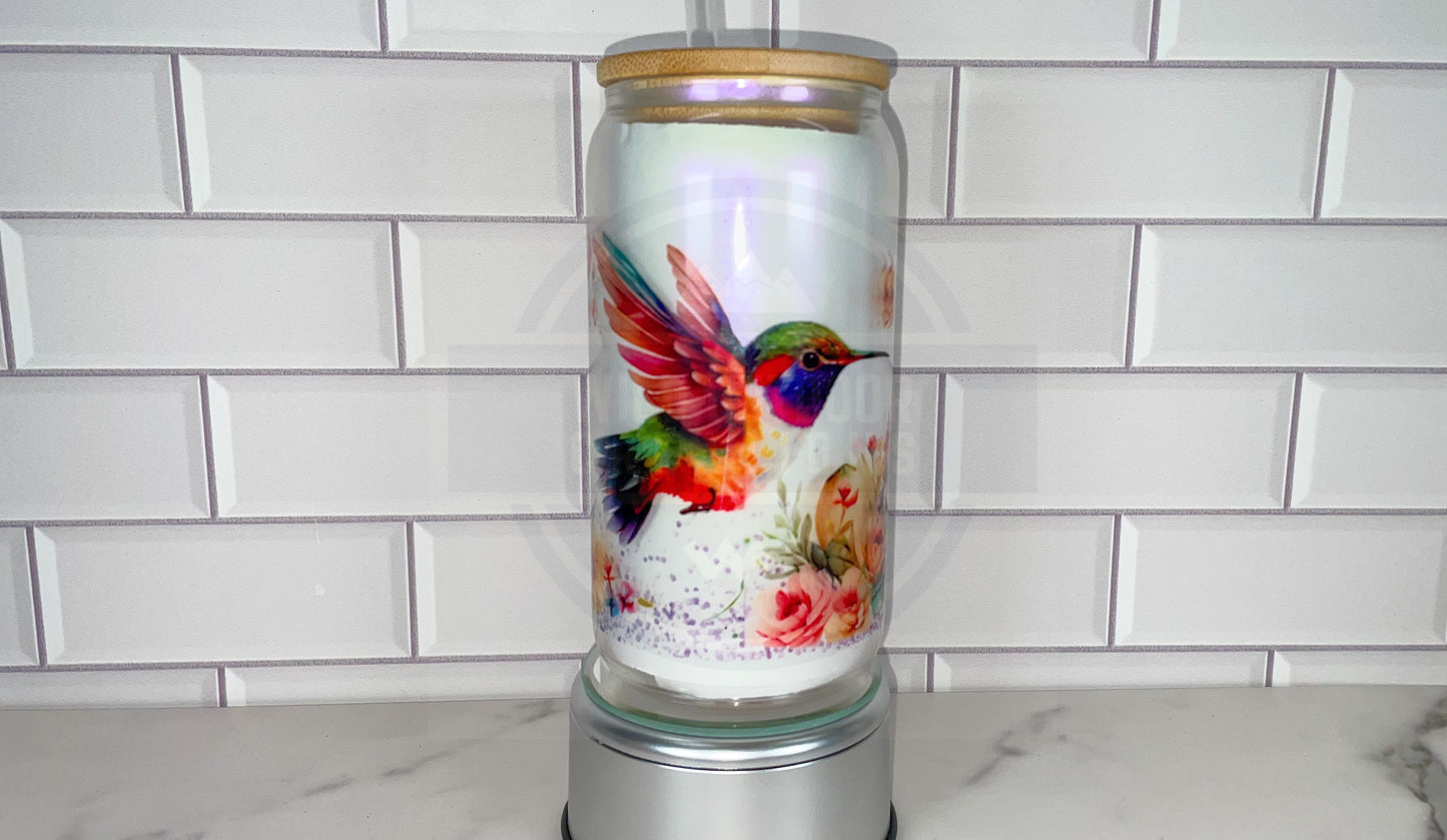 Spring Hummingbird 16oz Glass Cup, Iced Coffee Cup with Straw and Lid