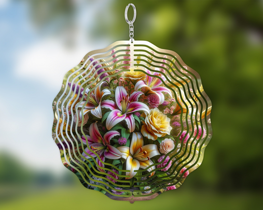 10" Colorful Aluminum Wind Spinner with Lilies & Summer Flowers, Garden Decor