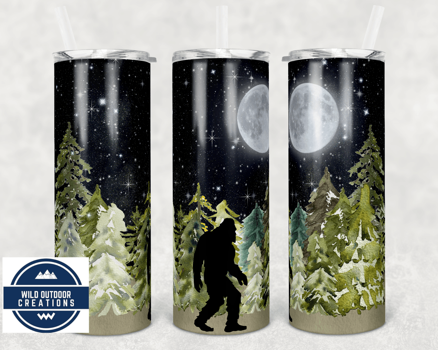 Bigfoot in the woods, 20 oz Skinny Tumbler with Metal Straw, Tall Travel Cup - Wild Outdoor Creations