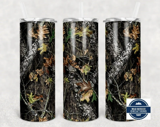 Camo 20oz Skinny Tumbler, Outdoorsy Gift for Hunter, To go cup with Lid and Straw, Iced Coffee Tumbler - Wild Outdoor Creations 