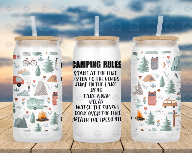 Camping Rules 16oz Frosted Glass Can Tumbler