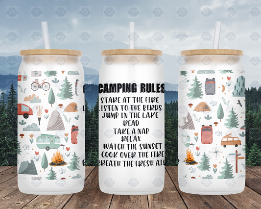 Camping Rules 16oz Frosted Glass Can Tumbler