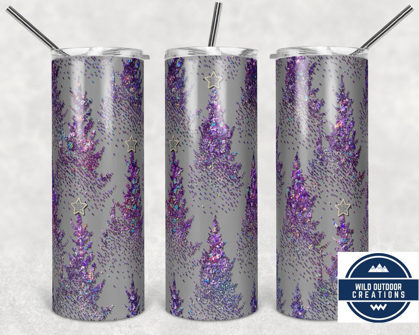 Purple Faux Glitter Christmas Tree Tumbler, 20 oz Skinny Tumbler, To Go Cup with Lid and Straw - Wild Outdoor Creations