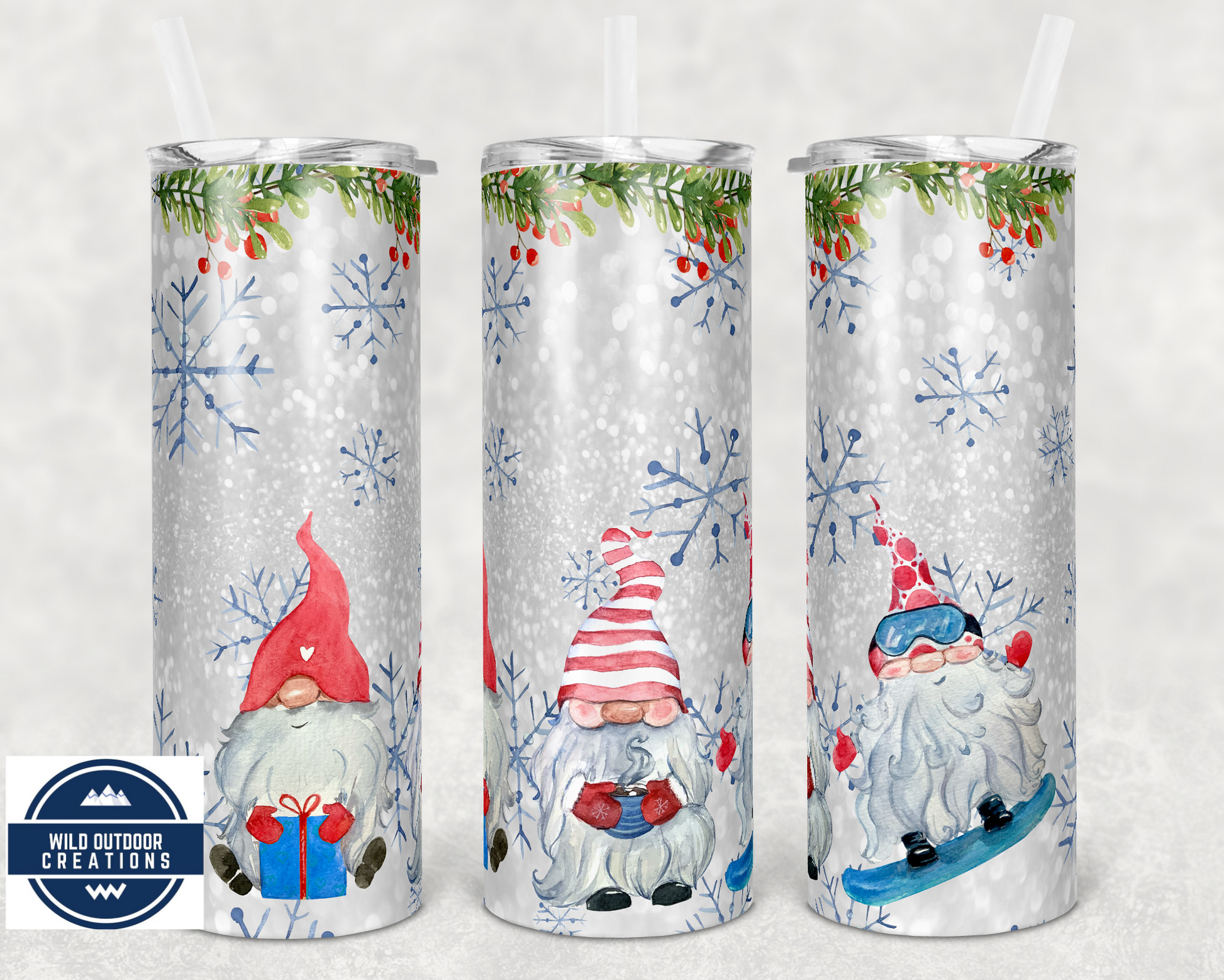 Winter Gnome Tumbler, To Go cup with lid and straw, travel coffee mug - Wild Outdoor Creations 