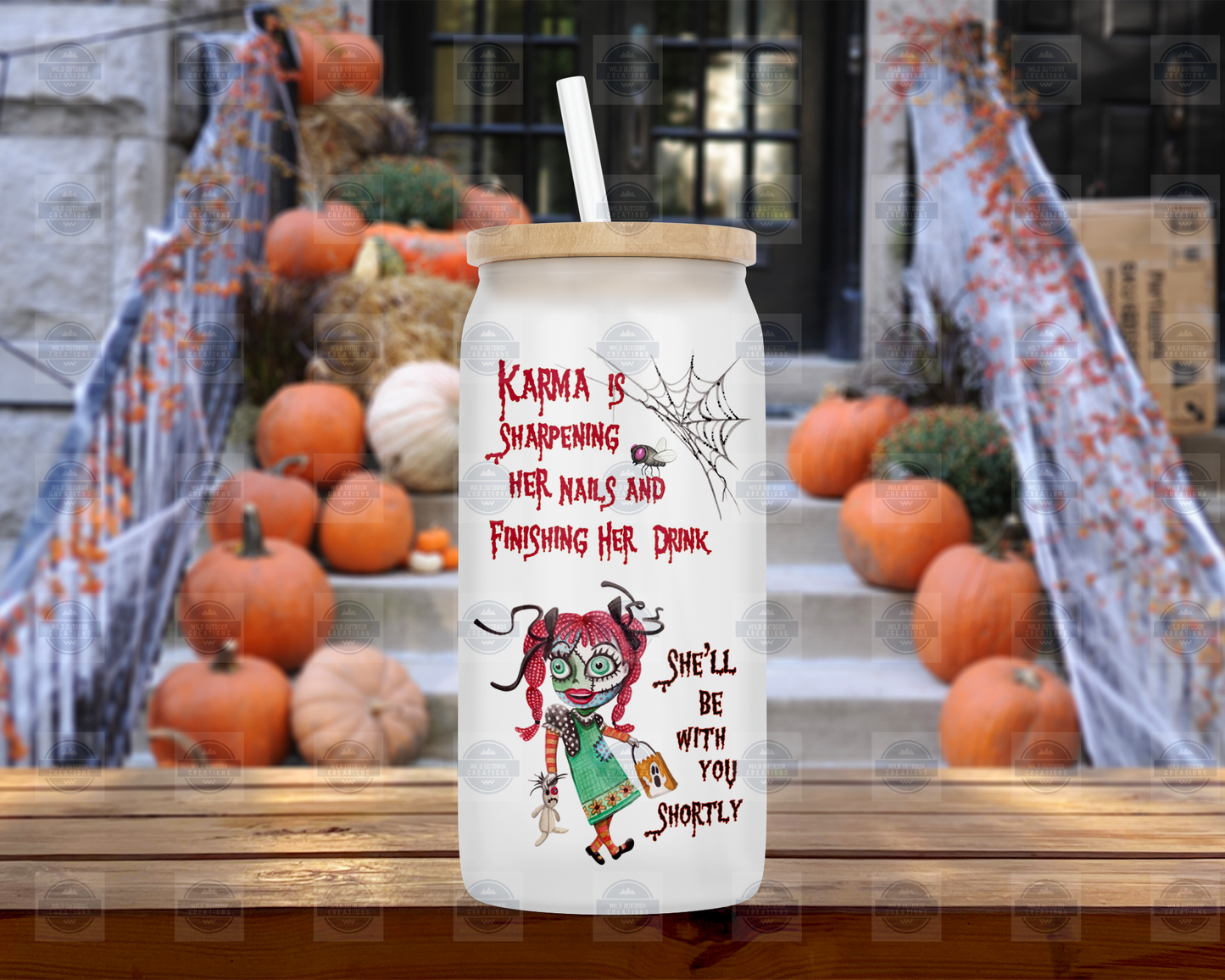 Creepy Halloween 16oz Glass Tumbler with Straw and Lid