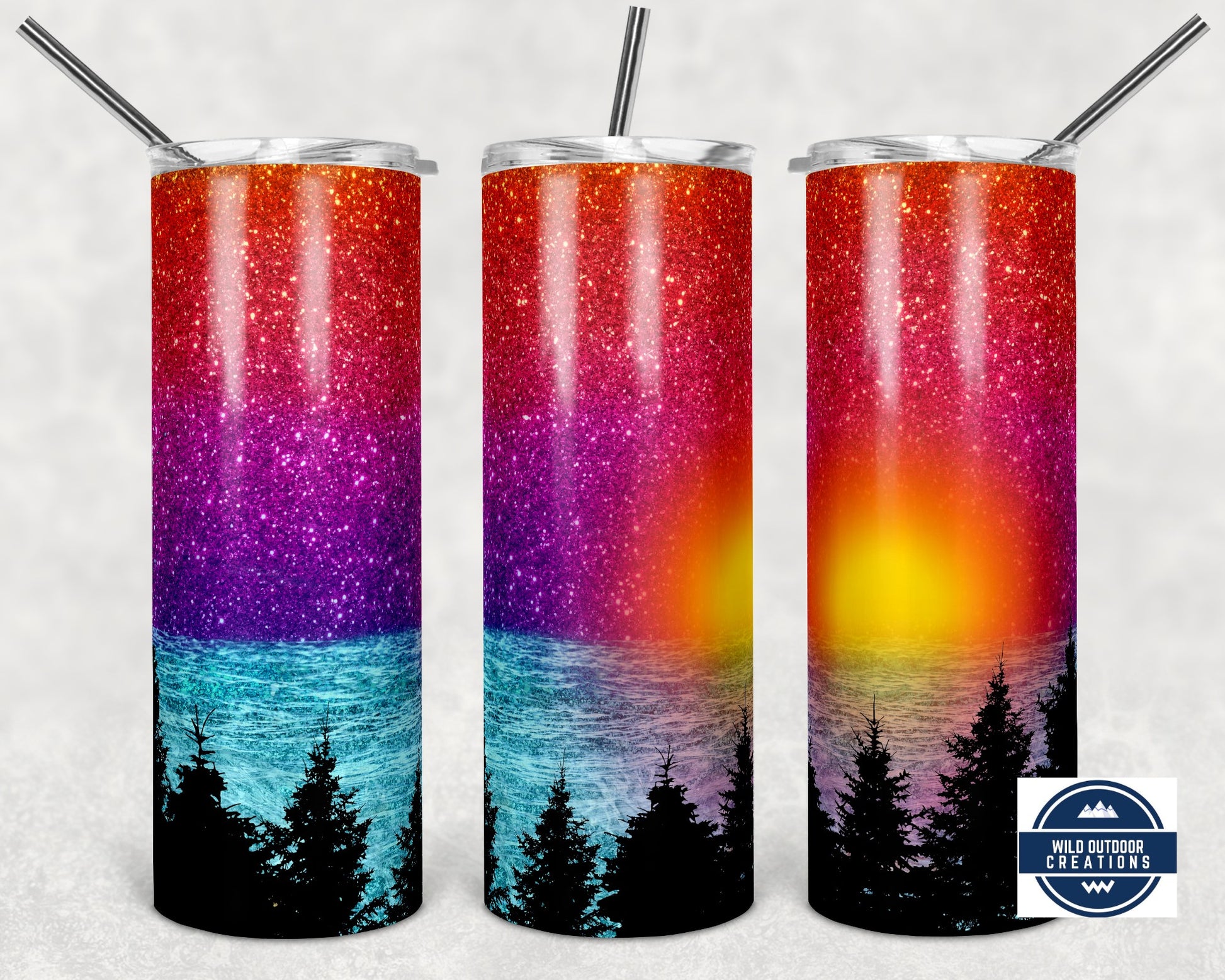 Lake Sunset Faux Glitter 20oz Skinny Tumbler, To go cup with straw and lid, Travel Coffee Mug - Wild Outdoor Creations 
