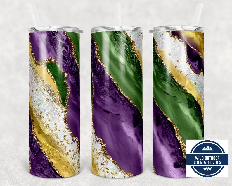 Marid Gras Purple, Green and Gold 20 oz Skinny Tumbler, To go cup with lid and straw, Iced Coffee Tumbler, Travel Coffee Mug - Wild Outdoor Creations