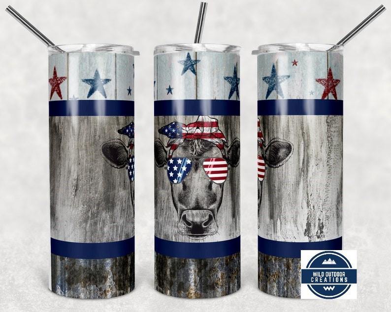Patriotic Cow Tumbler, Heifer Tumbler, 20oz Skinny Tumbler with Straw and Lid - Wild Outdoor Creations