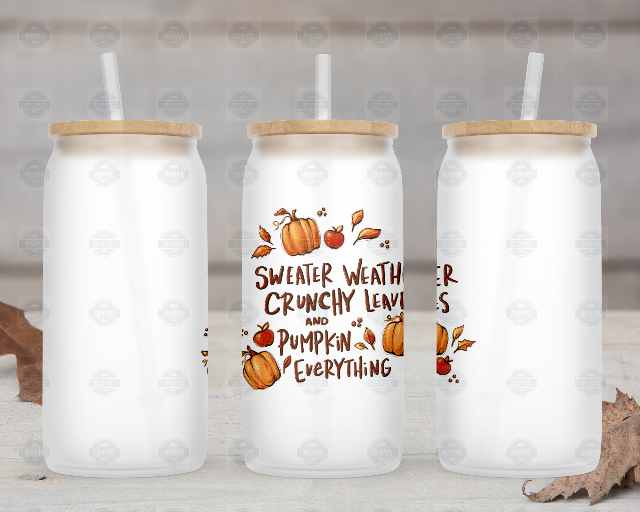 Sweater Weather 16oz Glass Iced Coffee Cup with Lid and Straw, Fall Lover Coffee Cup