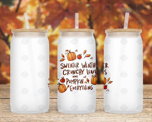 Sweater Weather 16oz Glass Iced Coffee Cup with Lid and Straw, Fall Lover Coffee Cup