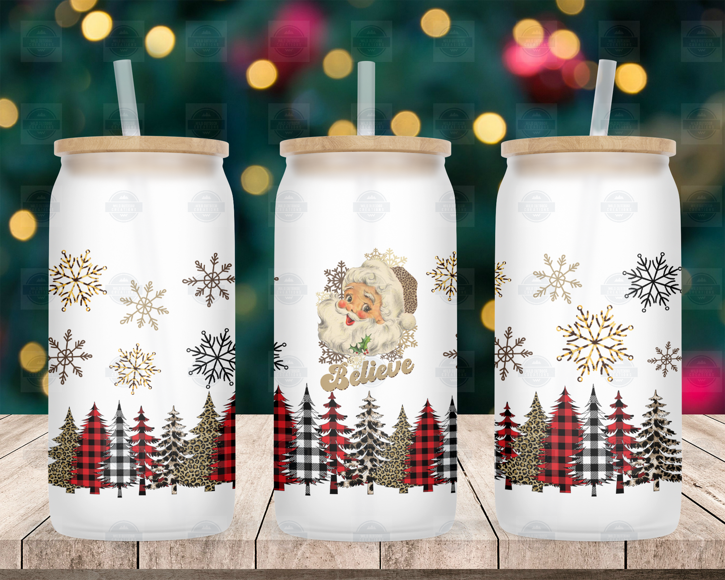 Believe In Santa 16oz Frosted Glass Tumbler with Straw and Lid, Iced Coffee Cup